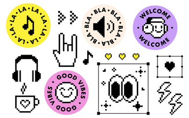 Fototapete - Pixel art stickers for podcasting in retro 90s style. Music and voice. Y2k icon set. Smile, emoji, cool badge element. Geometric bright modern shape for collage, poster, stamp. Vector illustration