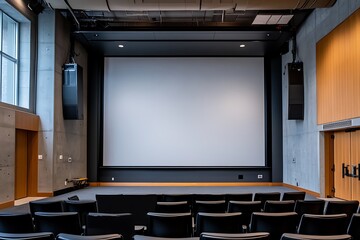 Poster - A large blank white screen set up in the center, suitable for various design and presentation needs.