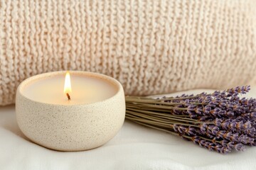 Poster - Burning soy candle with dried lavender flowers creating relaxing atmosphere