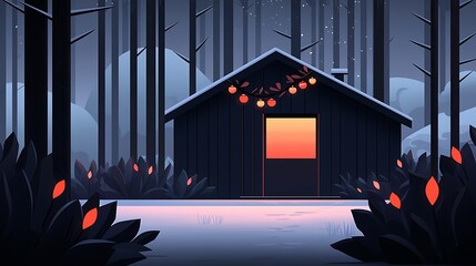 Wall Mural - Charming Illustration of a Winter Cabin Adorned with Warm Lights Surrounded by a Snowy Forest at Dusk