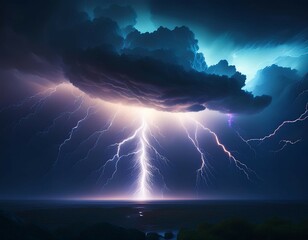 Wall Mural - lightning strike in a thunderstorm at night with dark clouds overhead