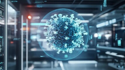 Poster - 3D visualization of a virus in a futuristic lab setting with digital interfaces