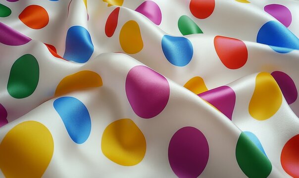 3D polka dot fabric pattern with large, playful dots in various colors on a white background, cheerful and fun
