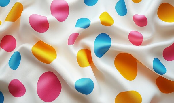 3D polka dot fabric pattern with large, playful dots in various colors on a white background, cheerful and fun