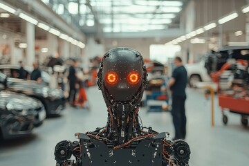 Fototapete - A robot mechanic in a car shop. Stock photo.
