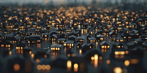 Poster - The idea of smart homes and a digital community. DX, IoT, digital networks in society. Neighbors' suburban houses at night with data transactions.