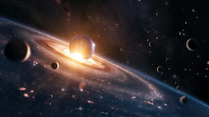 Aufkleber - Glowing galaxy core with planet against dark void image. Sphere falling into black hole photography scene wallpaper. Amazing outer space composition concept photorealistic photo