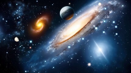 Aufkleber - Galaxy, stars and planets in deep space image. Various cosmic formations in universe photography scene wallpaper. Exploration of outer space bodies concept photorealistic photo