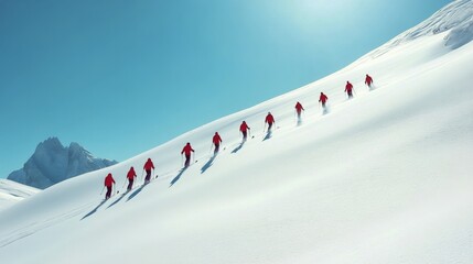 Sticker - Group of skiers enjoying a sunny day on fresh powder snow in the mountains