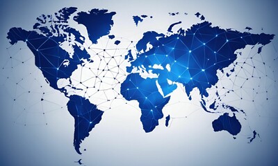 abstract mash line and point scales on blue dark background with map of the world. glowing blue 3d m