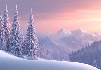 Poster - Snowy mountains at sunrise. Beautiful winter landscape.