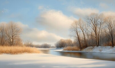 Poster - An idyllic, calm winter river, surrounded by trees covered in hoarfrost and snow, illuminated by pink morning light. Gorgeous winter landscape. European.