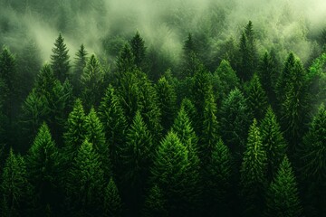 Poster - A hazy landscape with fir trees in a hipster vintage retro style