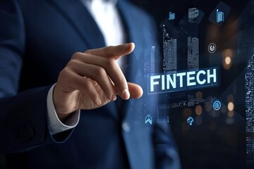 Poster - In the fintech concept of financial technology, a businesswoman uses a laptop