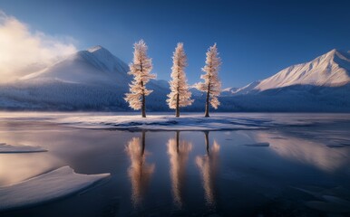 Aufkleber - The blue ice and cracks on the surface of the ice. A frozen lake on a blue sky at dawn. The rays of the sun through the branches. Carpathian, Ukraine, Europe.