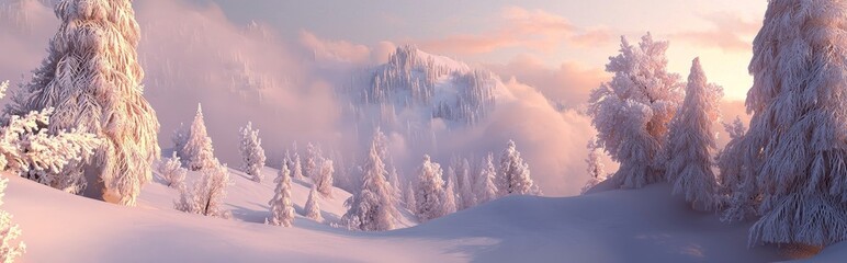 Poster - Beautiful winter scene with snow-covered pine trees.