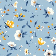 Wall Mural - Blossom Floral pattern in the blooming botanical Motifs scattered random. Seamless vector texture. For fashion prints. Printing with in hand drawn style light blue background