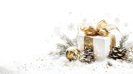 Poster - Elegant New Year scene featuring a white gift box with a gold ribbon, surrounded by snowflakes and ample copy space on a pristine white background.