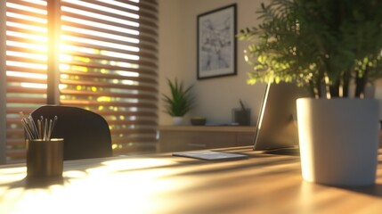 Wall Mural - Sunlit Modern Office Desk With Plant And Tablet