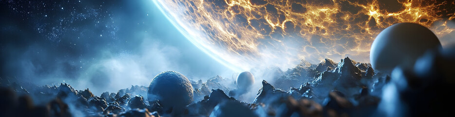 Wall Mural - panorama of distant planet system in space 