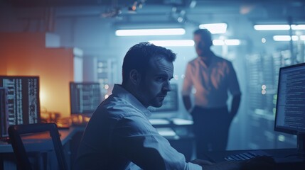 Poster - Administrator and Machine Learning Engineer Programming at His Workstation. Working to expand the network structure of the enterprise.