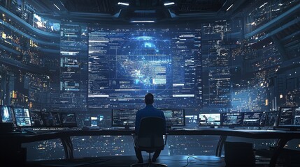 Poster - Back View of Skilled IT Consultant or Systems Administrator checking and saving data in darkened office workplace. Concept of networking technologies.