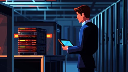 Poster - IT Specialist Using Tablet Computer. Server Farm Cloud Computing Facility with System Administrator. Cybersecurity Network for Data Protection.