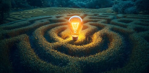 Fototapete - Bright glowing light bulb at the center of an intricate design, ideal for creative projects and modern aesthetics.