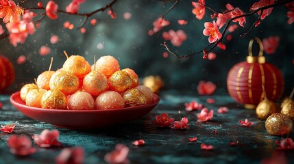 Aufkleber - An illustration of the Chinese New Year Rabbit symbol for the 2023 year for a top-of-the-line products display, complete with a podium with a golden rabbit statue and Chinese lanterns against a red