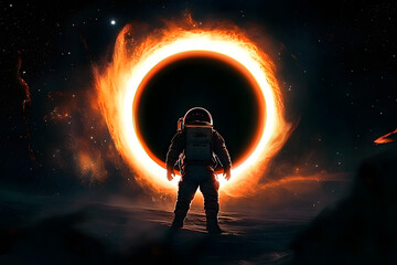 Wall Mural - astronaut in front of a black hole in the universe
