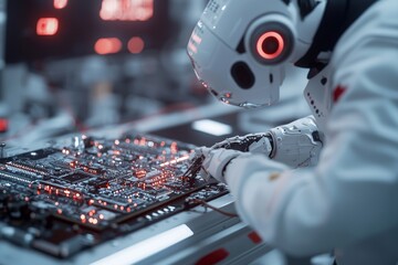 Fototapete - Autonomous robotic arm assembly lines for high-tech electric vehicles. An overview of digitalization of the automotive industry, Industry 4.0, 5G, and IOT.