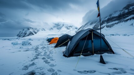 Wall Mural - international research base camp in antarctica with tents and equipment under a cloudy sky