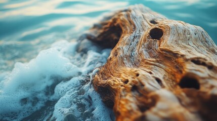 Poster - A striking piece of driftwood rests partially submerged in crystalline water, showcasing intricate textures and natural holes as gentle waves lap against its weathered surface