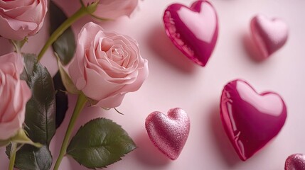 Poster - Romantic pink roses and heart shapes over a light pink gradient, adding a gentle Valentine's touch