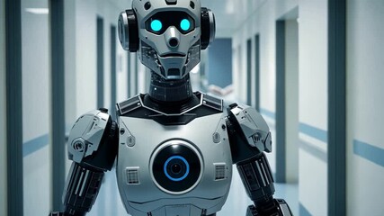 Poster - robot with glowing blue eyes navigating a modern corridor in a hospital setting