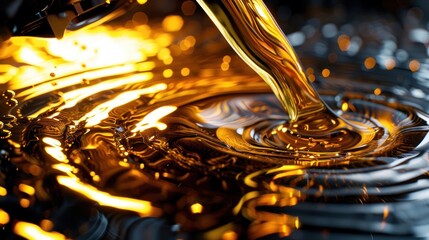 Poster - A close-up of golden liquid flowing and creating ripples on a dark surface.