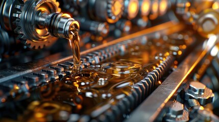 Aufkleber - Close-up of machinery with oil being poured, highlighting industrial processes.