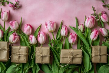 Wall Mural - Heart shaped arrangement of pink tulips and gift boxes on soft background for special occasions