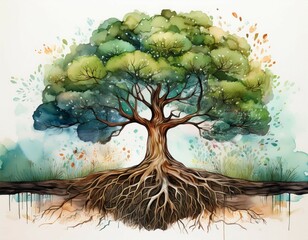 Canvas Print - a watercolor tree depicting nature s beauty roots visible in the ground