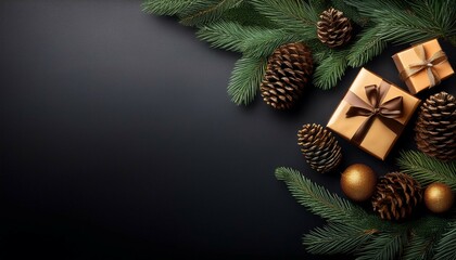 christmas background with gift boxes pine cones and fir branches on a black backdrop creating a fest