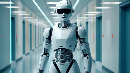 Poster - Futuristic robot standing in a sleek hospital hallway during high-tech environment