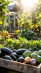 Canvas Print - Sunlit garden with ripe eggplants, cabbages, and tomatoes.