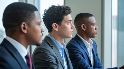 Poster - Three men in business attire engaged in a serious discussion by a window.