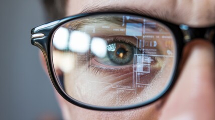 Poster - Close-up of a person's eye reflected in glasses, showcasing digital information.