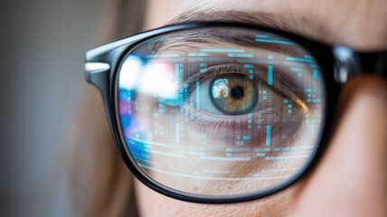 Poster - Close-up of a person's eye reflected in glasses with digital data patterns.
