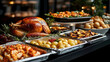 © john - A lavish buffet showcasing a perfectly roasted turkey with a variety of side dishes including vegetables, potatoes, and garnishes, evoking a sense of celebration and togetherness.