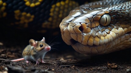 Poster - A small mouse, curious yet cautious, faces a large snake in a vibrant forest filled with lush greenery. The atmosphere exudes tension as twilight casts a soft glow