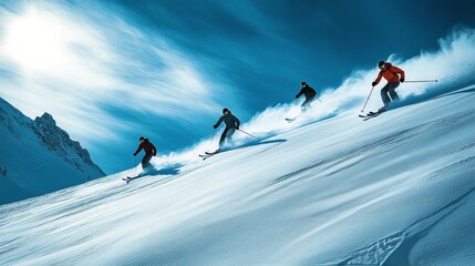 Sticker - Group of skiers enjoying a sunny day on fresh powder snow in the mountains