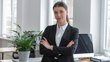 Poster - A confident businesswoman stands in an office with a plant and computer in the background.