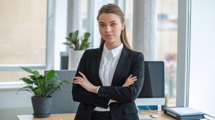 Poster - A confident businesswoman stands with arms crossed in a modern office setting.